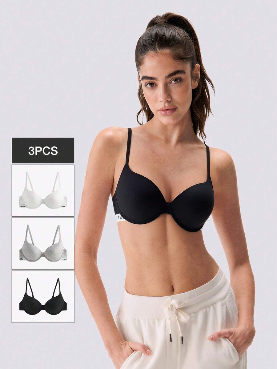 Loungeista 3Pcs Lightly Padded Letter Print Push Up Bra, Women's Underwire Brafor Summerfor Summer - Multicolor - View 1
