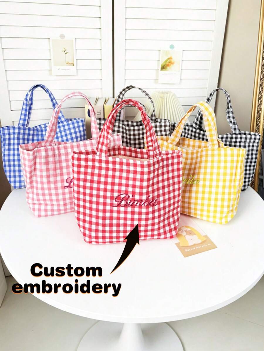 1個客製化刺繡便攜式午餐袋,日式格紋媽媽包,學生極簡時尚手提包,隨身布袋,2026夏季新款,獨家客製刺繡 - 彩色 - 查看 1