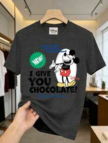 Vintage Street Style T-Shirt, Printed With Disney Mickey Mouse Letter Pattern, Made Of Premium Fabric, Men's Crew Neck Short Sleeve T-Shirt - Grey - View 1
