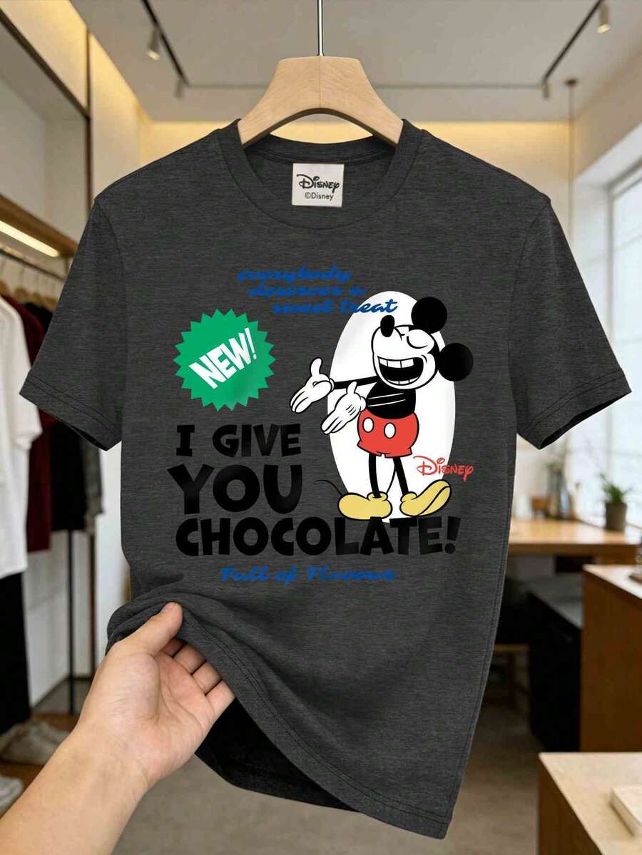 Vintage Street Style T-Shirt, Printed With Disney Mickey Mouse Letter Pattern, Made Of Premium Fabric, Men's Crew Neck Short Sleeve T-Shirt - Grey - View 1