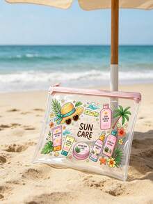 「Sun Protection」印花 PVC 化妝包，拉鍊式 PVC 旅行收納袋，輕量耐褪色化妝盥洗包，符合 TSA 標準且易攜帶，易擦拭清潔，適合送給老師或朋友的禮物，也是學校假期旅行必備的防水盥洗包 - 彩色 - 查看 6