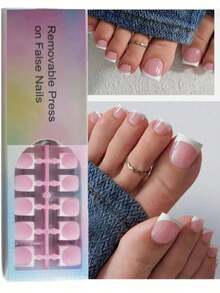 150pcs Short Square Press-On Toenails, Nude Pink Base With White French Tips, Removable Fake Toenails, Suitable For Summer, Beach And Daily Wear - Pink - View 1