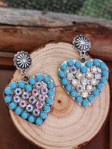 1 Pair American Western Style Rhinestone Heart & Star Earrings, Distressed Silver Vintage Stud Earrings, Niche Personalized Ear Jewelry - Earring - View 11