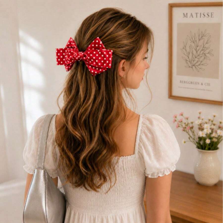 Women's Oversized Black Polka Dot Bow Hair Clip, Vintage Silk French Style Hair Accessory, Cute Y2K Style Bow Hair Clip Suitable For Party, Vacation And Daily Wear - Black - View 1