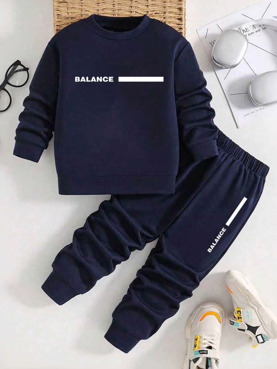 Tween Boy Letter Print Crew Neck Sweatshirt And Sweatpants Set - Royal Blue - View 1