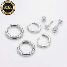 High Quality 6pcs/Set 316L Stainless Steel Hoop Earrings, Gold/Black/Rose Gold/Silver, Elegant, Fashionable, Hypoallergenic Zirconia Stud Earrings, Lightweight Fit Earrings, Daily Wear Pierced Jewelry, Unisex Exquisite Earrings - Multicolor - View 12