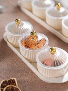 1 Set Transparent/Beige Round Dish Set, Snack Dried Fruit Candy Storage Dish, Luxury Holiday Food Storage Dish Set - Milky White With Transparent Lid - View 2