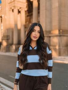 Women's Striped Long-Sleeve Blouse, Black And White, Casual Fashion  2026 - 藍色 - 查看 1
