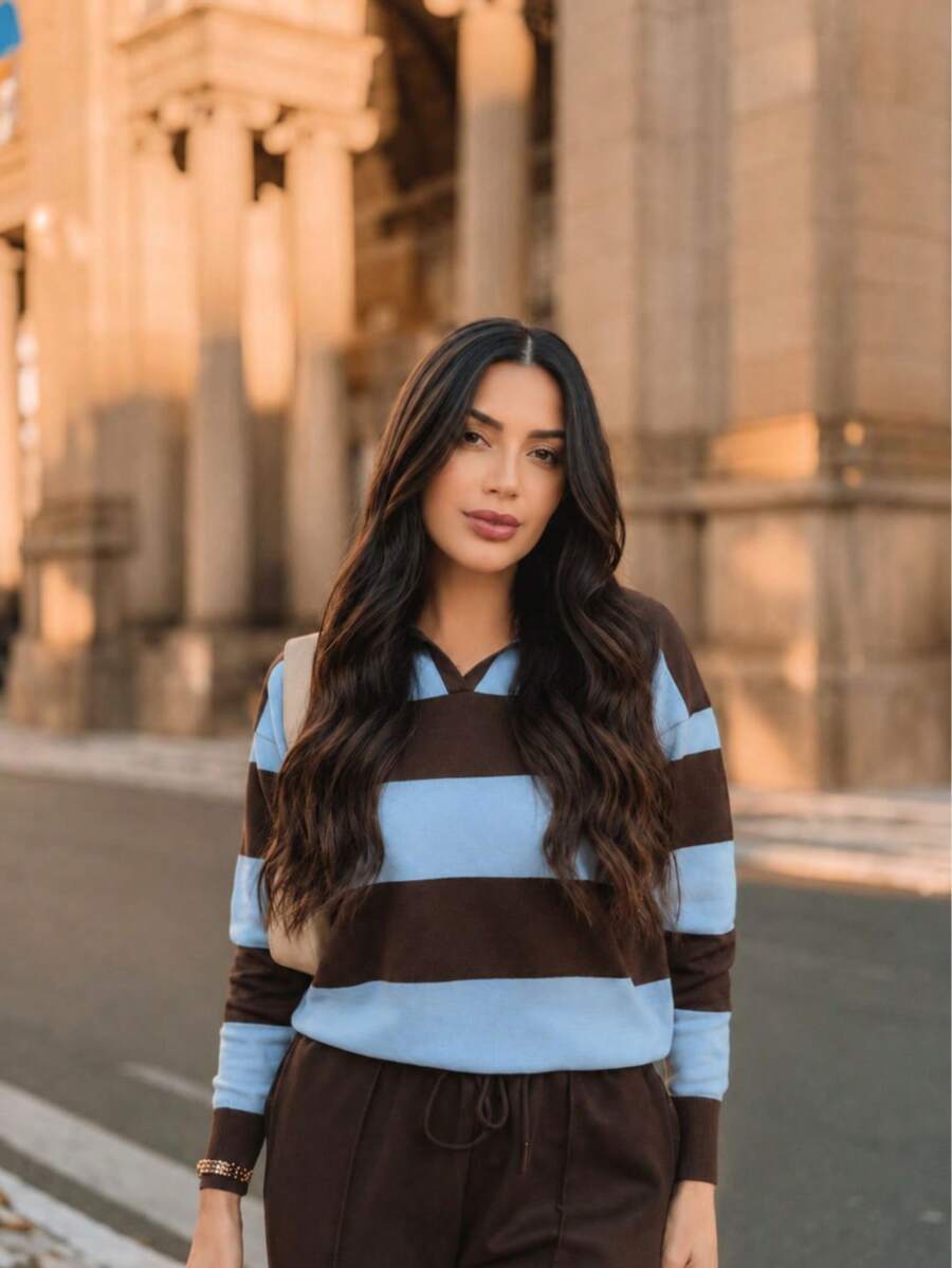 Women's Striped Long-Sleeve Blouse, Black And White, Casual Fashion 2026 - 藍色 - 查看 1
