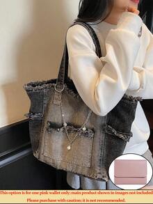Vintage Chain Decorated Jean Tote Bag For Women Casual Washed Shoulder Bag Summer Spacious Purse Handbag For Cow Girl Travel Essential Back To School - 彩色 - 查看 11