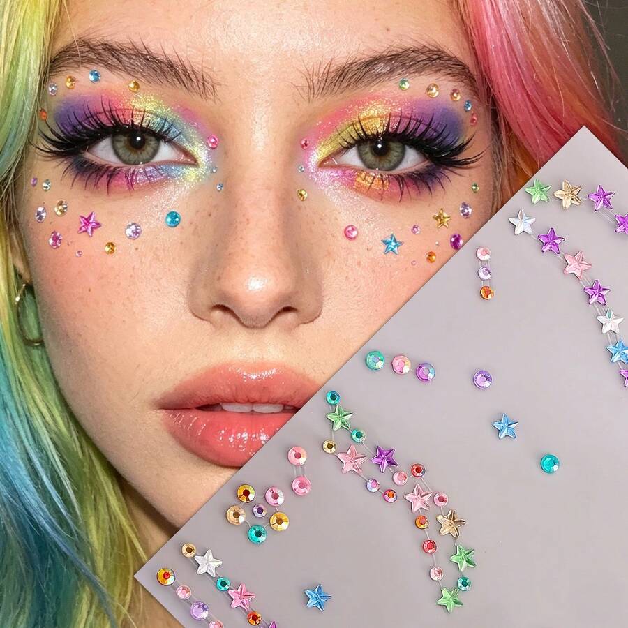 1PC Colorful Star Face Gems, Self Adhesive Rainbow Rhinestone Stickers, Star & Round Crystals For Eye Face Body, Festival Rave Party Cosplay Makeup Jewels - Multicolor - View 1