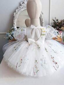 女嬰刺繡花瓣袖露背鏤空網紗公主禮服，適合女孩生日派對、花童、婚禮、重要場合、節日慶祝禮服 - 白色 - 查看 7