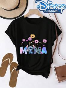 Disney Lilo & Stitch MAMA Floral Graphic Tee, Casual T-Shirt With Cute Cartoon Print - 黑色 - 查看 1