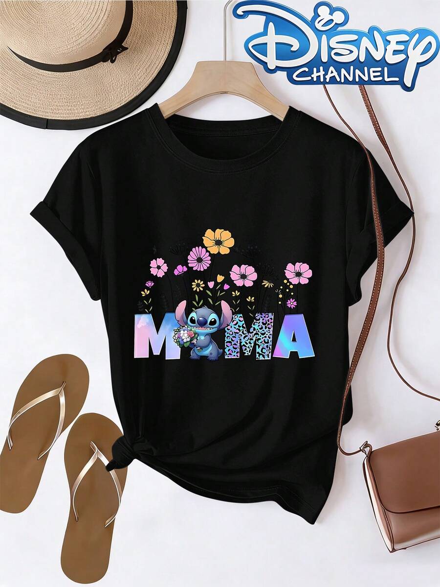 Disney Lilo & Stitch MAMA Floral Graphic Tee, Casual T-Shirt With Cute Cartoon Print - 黑色 - 查看 1