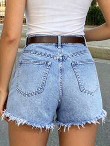 Vintage Blue Rhinestone Embellished High Waist Distressed Denim Shorts, Slim Fit, Versatile A-Line Jeans Shorts For Summer - Medium Wash - View 3