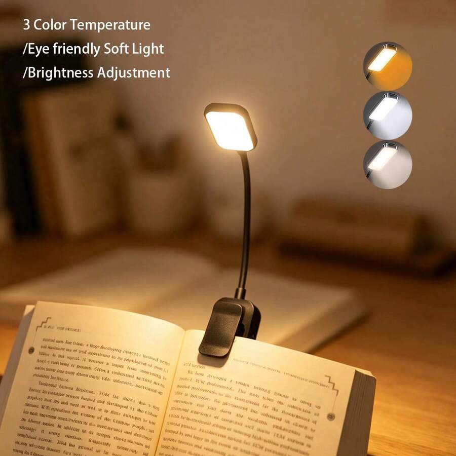 1個可攜式充電式LED迷你夾式書燈 閱讀燈 黑色護眼夜燈 適合床邊閱讀 - 3色溫可調、無級亮度調節 小巧輕便 夾式書燈 學生宿舍燈 充電式護理燈 床邊可調光暖色夜燈 送給朋友和同學的禮物
