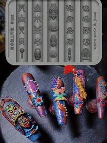 1個中式佛頭、祈禱珠、財神、蓮花與牡丹、法器3D浮雕美甲大尺寸矽膠美甲模具 - 無色 - 查看 8