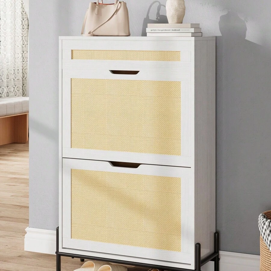 Slim Wooden Shoe Cabinet For Entryway Rattan & Linen Panels,Adjustable Shelves - White - View 1