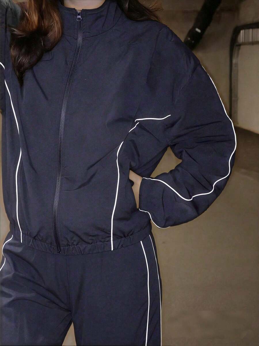 女款休閒運動套裝 2件組 拉鍊長袖外套 & 長褲 跑步戶外健行健身 日常秋冬穿搭 - 藏蓝色 - 查看 1