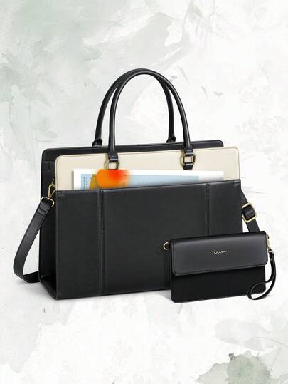 Women's Color Block PU Laptop Tote Bag, 2 In 1 Work Handbag With Clutch & Detachable Strap For Office, Daily & Business