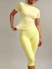 XLLAIS Women's Yellow High Elasticity Casual Sports Fitness Split Hem Capri Pants, Summer, Athleisure - Yellow - View 8