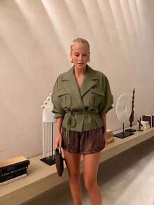 秋季新款女式優雅時尚通勤寬鬆吊帶上衣長袖口袋裝飾針織開襟外套純色鈕扣辦公 - 軍綠色 - 查看 4