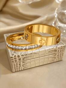 2 piezas anillos de acero inoxidable con incrustaciones de circonita en forma de trébol de cuatro hojas, diseño minimalista de una sola hilera, anillos apilables de oro con circonita cúbica para mujer, ideales para uso diario. - Juego de trébol de cuatro hojas dorado - Ver 5
