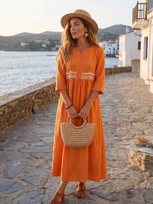 Vestido elegante de talla grande para mujer con cuello en V, bordado, cintura ceñida y media cremallera - Naranja - Ver 1