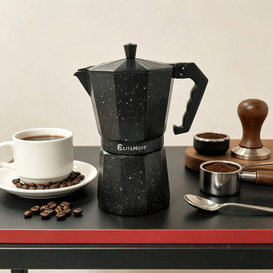 إبريق موكا أسود بتصميم بسيط، إبريق قهوة، صانعة قهوة، آلة قهوة موكا، بارتفاع 25 سم، يمكن صنع 12 كوب من القهوة. شكل كلاسيكي، مدمج وعملي. يغلي الإسبريسو بسهولة، مثالي للاستخدام المنزلي والمطاعم - الأسود - مشاهدة 1