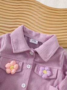Baby Girl Light Purple Collared Long Sleeve Jacket, Colorful 3D Flower Decoration, Vertical Stripe Texture, Single-Breasted With Flap Chest Pocket Design, Sweet Casual Style - Purple - View 4