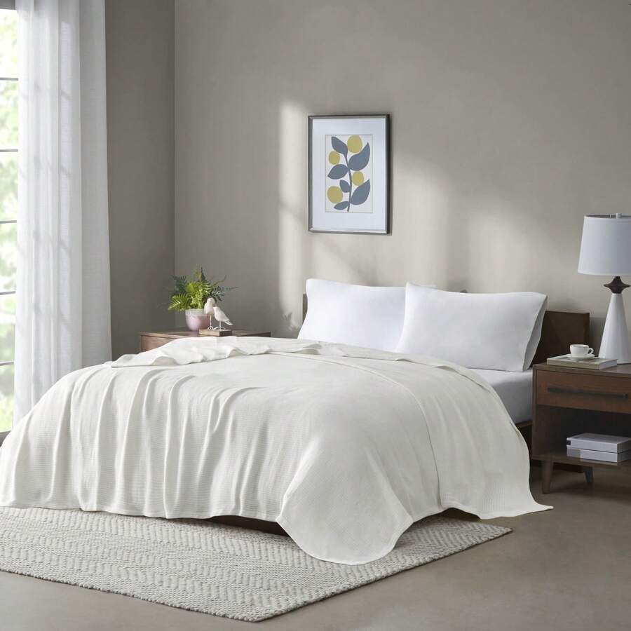 Luxury Cotton Blanket 1 PC Classic Basket Weave Bed Blanket Soft Cozy Lightweight All Season Throw For Bed Couch Sofa Queen King - 奶油 - 查看 1