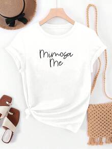Summer Cropped T-Shirt With Round Neck And Slogan Design In English "Ms. Mimosa Me", Casual Style - White - View 1