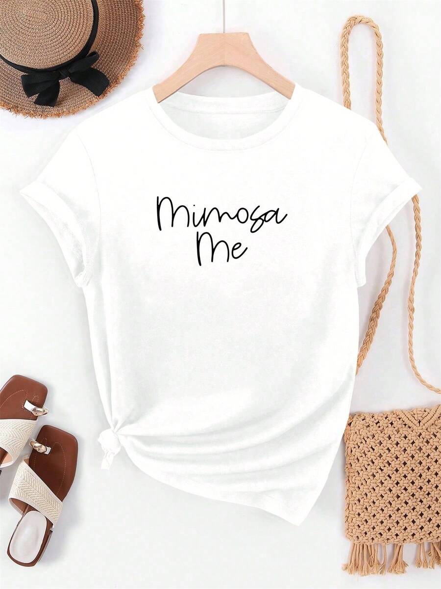 Summer Cropped T-Shirt With Round Neck And Slogan Design In English "Ms. Mimosa Me", Casual Style - White - View 1