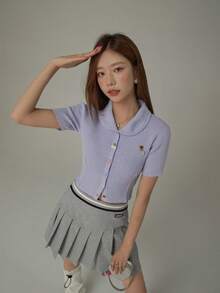CHUU 彩虹鈕扣翻領針織毛衣 女款 春秋款 心形刺繡 羅紋修身 極簡性感上衣 - 紫色 - 查看 5