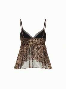 Top de tirantes finos con estampado de leopardo en patchwork, empalmado de encaje de poliéster, casual de vacaciones y playa para el verano - Caqui - Ver 5
