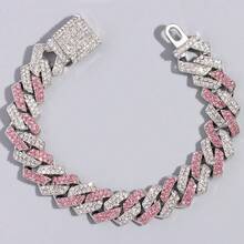 Hip Hop Cuban Link Chain Necklace For Men Women, Iced Out Rhinestone Pink White Miami Chain, Unisex Bling Jewelry Gift - Silver - View 6