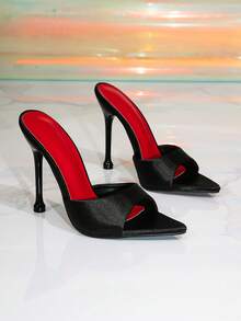 Sandal Selop Hak Tinggi Ujung Lancip Bermotif Piramida Hitam dan Merah untuk Wanita, Sandal Hak Tinggi Glamor untuk Pesta - Hitam - View 3