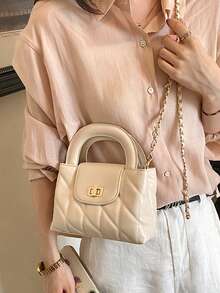 Fashion Classic Clown Solid Color Diamond Patchwork Design Chain Square Bag Twist Lock Closure Design Burgundy Bag - Beige - View 6