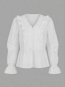 ii Women's Solid Color Button Design Ruffle Trim Flare Sleeve Blouse White - White - View 7