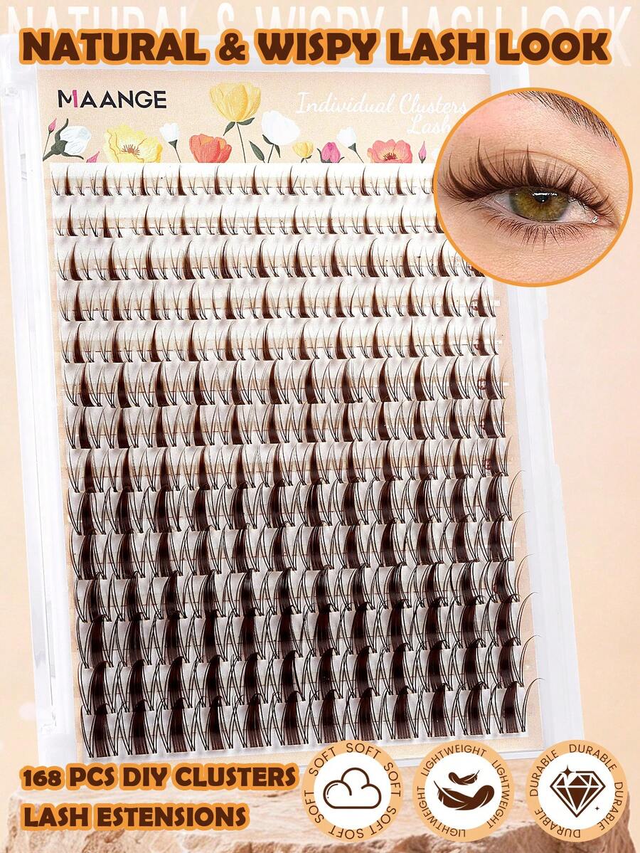 MAANGE 168/336 Cachos de Cílios Postiços Segmentados Folha de Bordo Marrom, Cauda Pontiaguda de Desenho Animado, Cachos de Cílios de Comprimento Misto para Autoaplicação, Cílios Postiços de Cacho Único Natural e Realista, Ferramenta de Cílios DIY para Iniciantes, Presente para Mulheres - DD - Visão 1