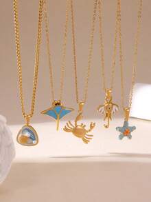 1pc Fashionable Summer Vacation Style 18k Gold Plated Stainless Steel Shell Starfish Crab Pendant Necklace, Suitable For Women's Daily And Vacation Wear, Mother's Day Gift - Multicolor 1 - View 12