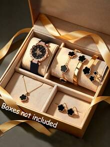 One Black Quartz Watch With PU Leather Strap For Teenagers Paired With Six Flower-Themed Accessory Sets, Suitable For Daily Wear And Holiday Parties. - Black - View 11