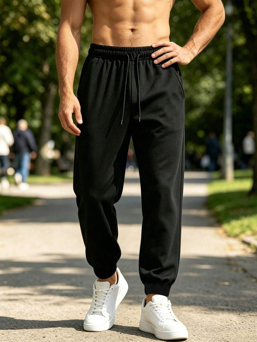 Men's Casual Drawstring Waist Pants With Side Pockets, Suitable For Outdoor Sports And Daily Wear, All Season - Black - View 1