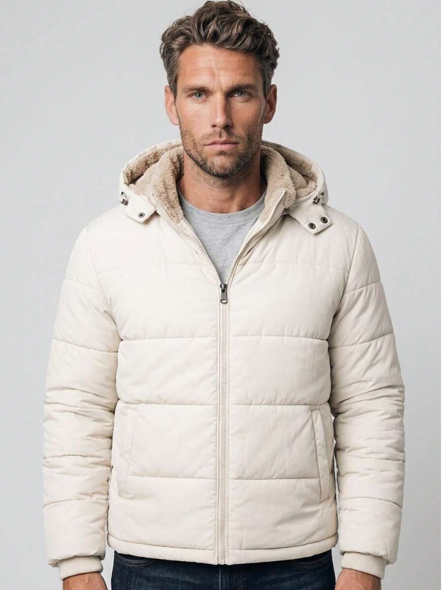 Men's Thermal Waterproof Lined Jacket With Hood, Winter Coat For Cold Weather - 米色 - 查看 1