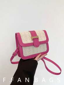 Sac en paille tressée pour femmes, sac bandoulière patchwork minimaliste à la mode, sac carré polyvalent de petite taille, mini sac carré, paille tressée avec matériau PU - Rose vif - Voir 9