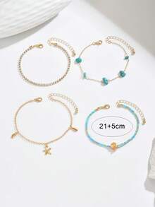 4 piezas Tobilleras de cadena con colgante de estrella de mar y concha de aleación de zinc versátil vintage con cristales de strass para mujer, uso diario & vacaciones - Verde - Ver 3