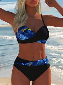 Women's Sexy Bikini Set, Spaghetti Strap Top With Black Abstract Marble Print Bottom, New Holiday Summer Beach Vacation Outfit - Multicolor - View 6