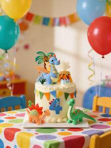 1pc Dinosaur Clay Cake Topper, Includes Volcano, Palm Tree And Number Topper, Jurassic Boy 1st Birthday Decoration, Not A Toy, Please Keep Away From Children Under 14 - Multicolor - View 9