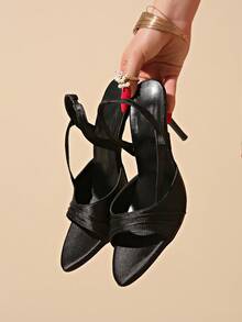 12cm Single Strap Stiletto High Heel Sandals 2026 Summer New Rhinestone High Heels Deep Purple Satin High Heel Shoes For Women - Black - View 7