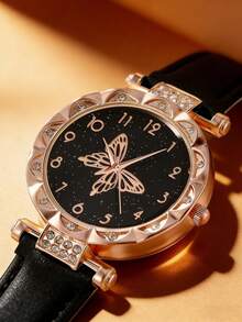 One Black Quartz Watch With PU Leather Strap For Teenagers Paired With Six Flower-Themed Accessory Sets, Suitable For Daily Wear And Holiday Parties. - Black - View 7